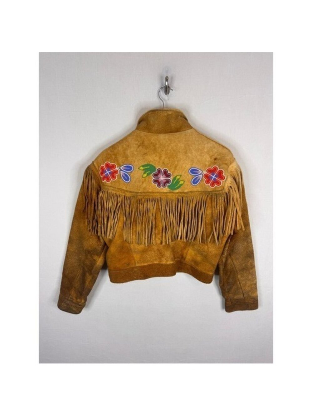 Vintage Buckskin Western Beaded Fringe Jacket Leather Floral Native Crop Women S - Picture 6 of 16